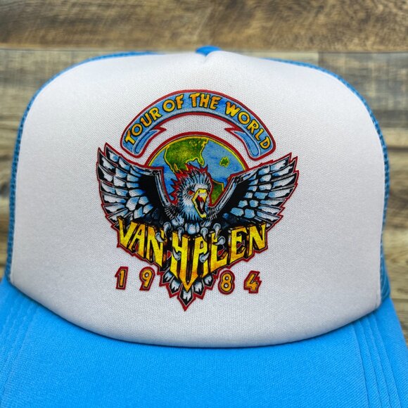 Van Halen 1984 Tour Of The World Mens Trucker Hat Blue Snapback Rock Ball Cap - Picture 3 of 8